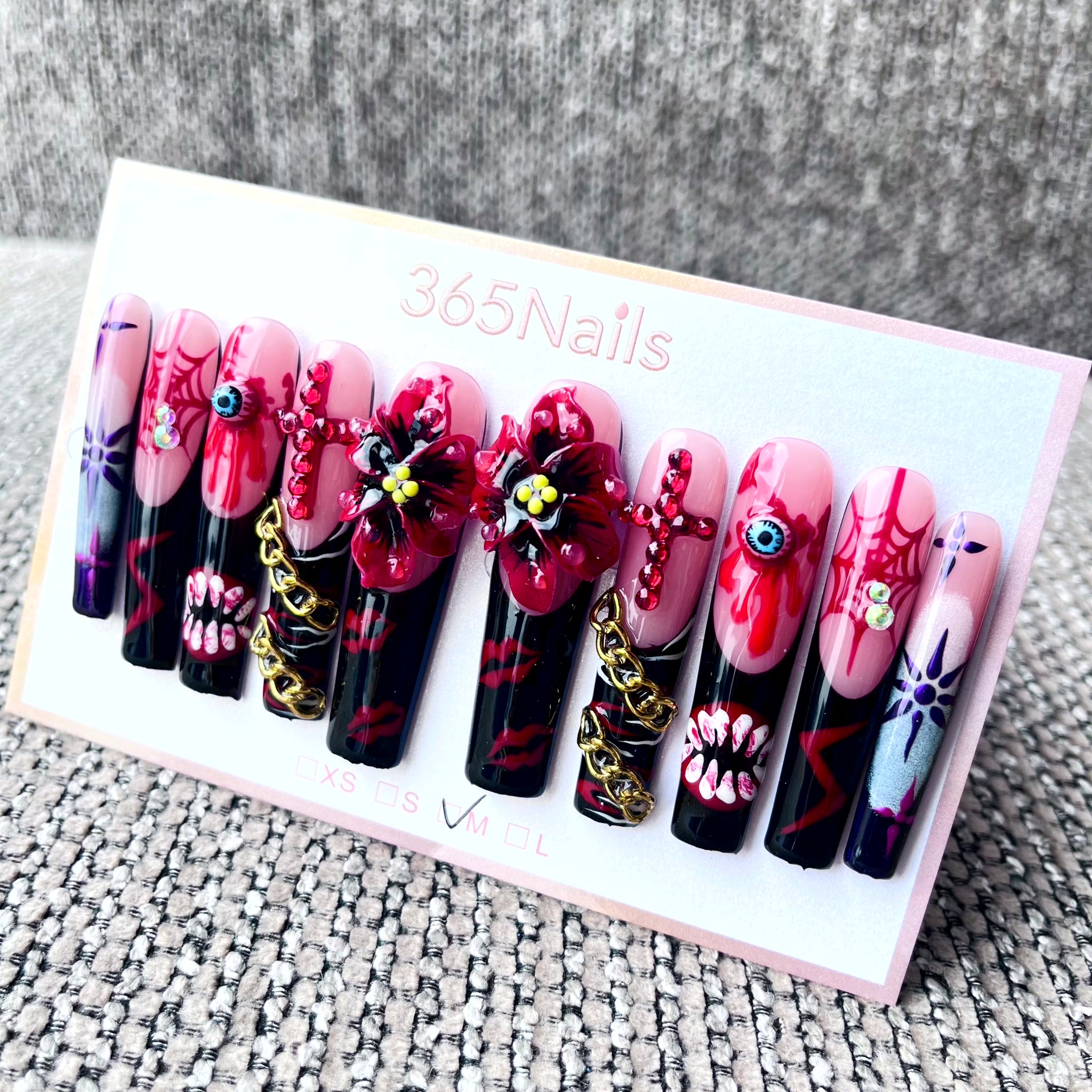 365nails: "Gothic Doll" – 3D Flower & Chain Handmade Long Coffin Nails