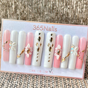 365nails: "Elegant Pink White Flower Rhinestone Long" – Unhas Postiças Longas Quadradas Cônicas Feitas à Mão