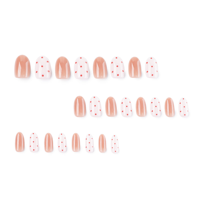 Set of 24 short round press-on nails in pink and dotted styles