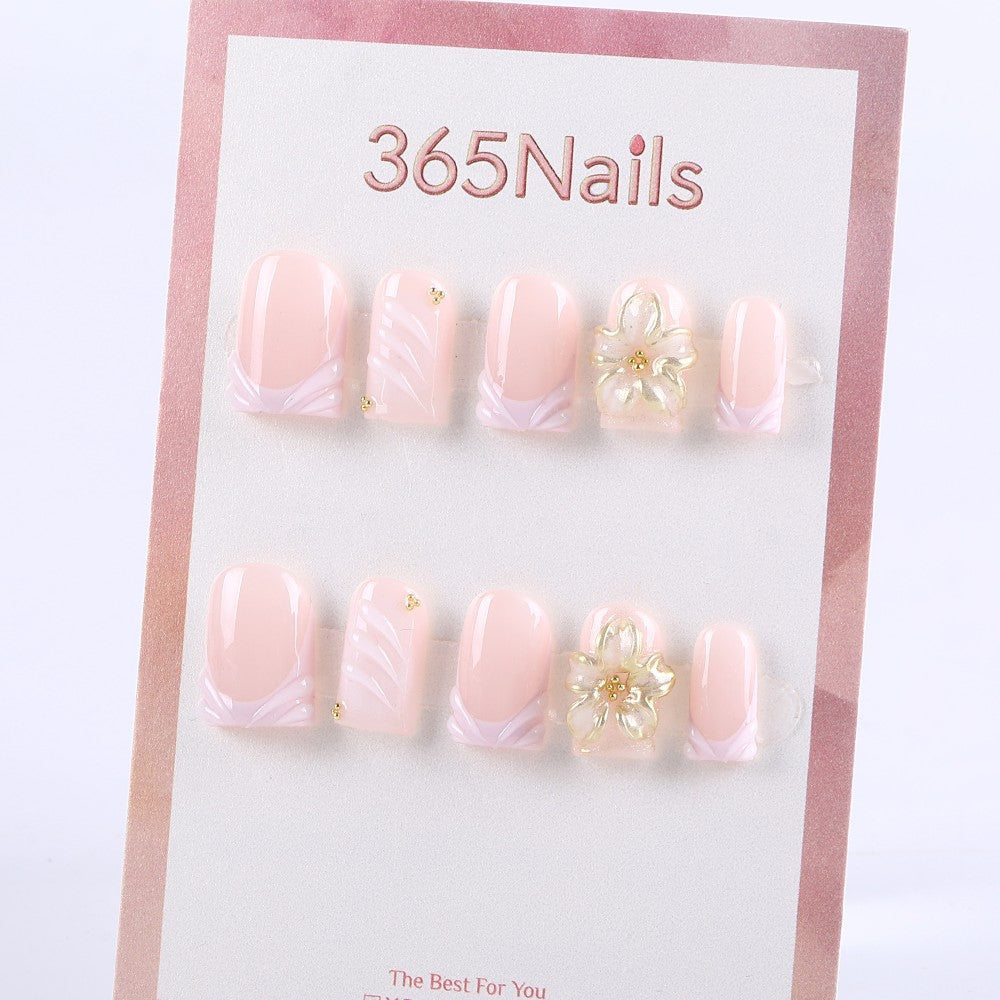 Pink Bow Press-On Nails with 3D Flower and Gold Bead Accents