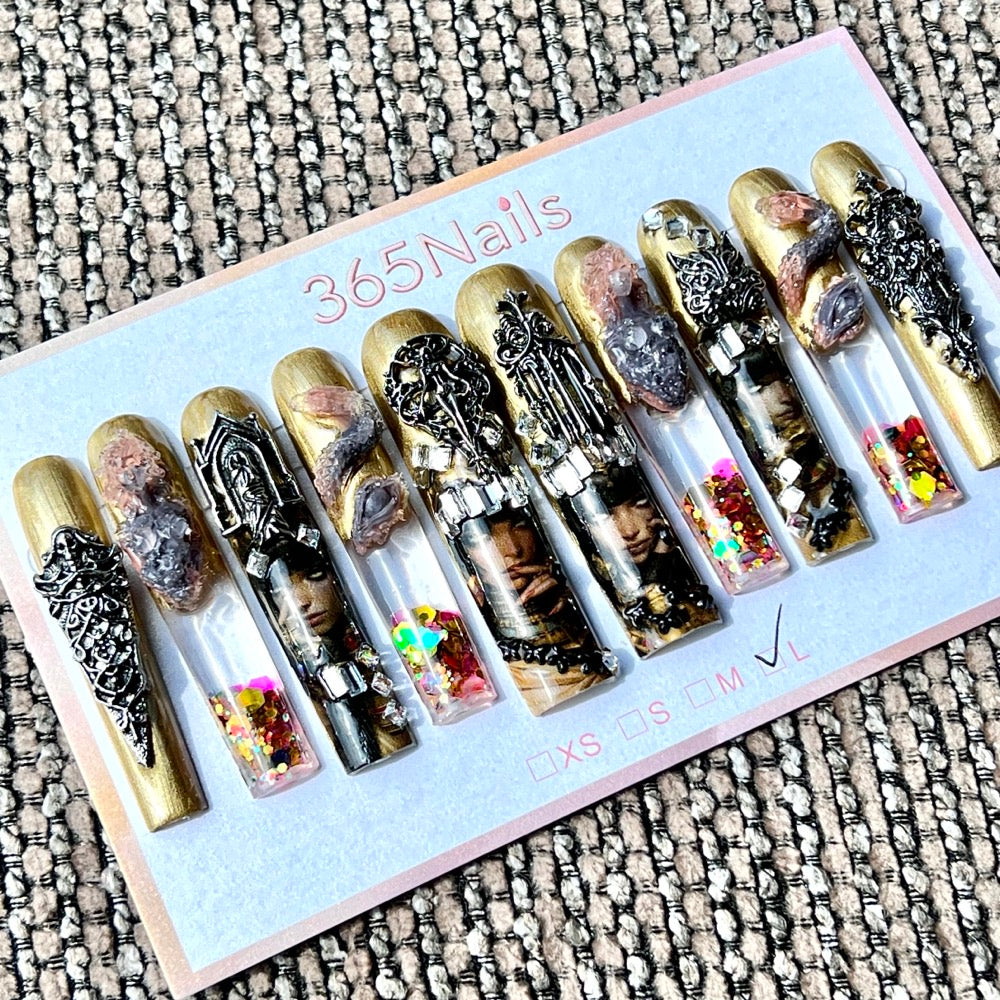 365nails: "Gothic Golden Dynasty" – Handmade 3D Ornate Liquid Motion Press-On Long Pipe Nails-5.5cm