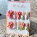 Sculpted Flora: "Morning Dew Bloom" – 3D Pink-Yellow Floral & Pastel Green/Pink French Almond Nails