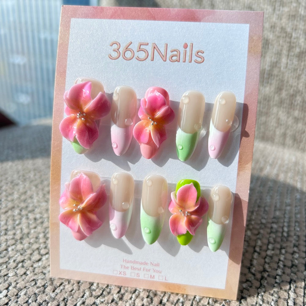 Sculpted Flora: "Morning Dew Bloom" – 3D Pink-Yellow Floral & Pastel Green/Pink French Almond Nails