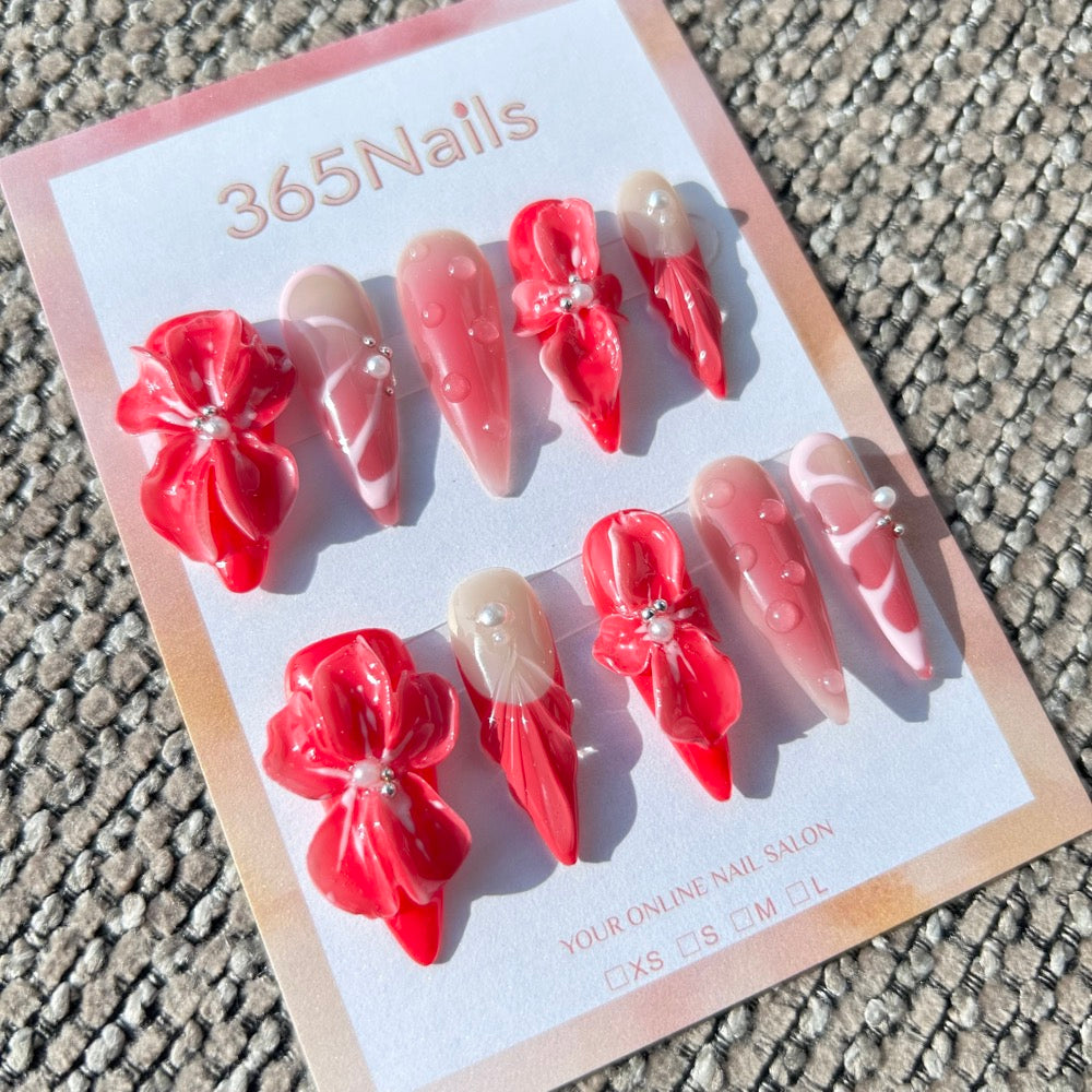 Sculpted Flora: "Juicy Watermelon" – 3D Red Hibiscus & Wet Look Droplets Stiletto Nails