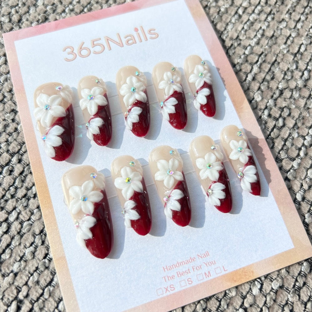 Sculpted Flora: "Crimson Lily" – 3D White Floral & Burgundy French Tip Long Almond Nails