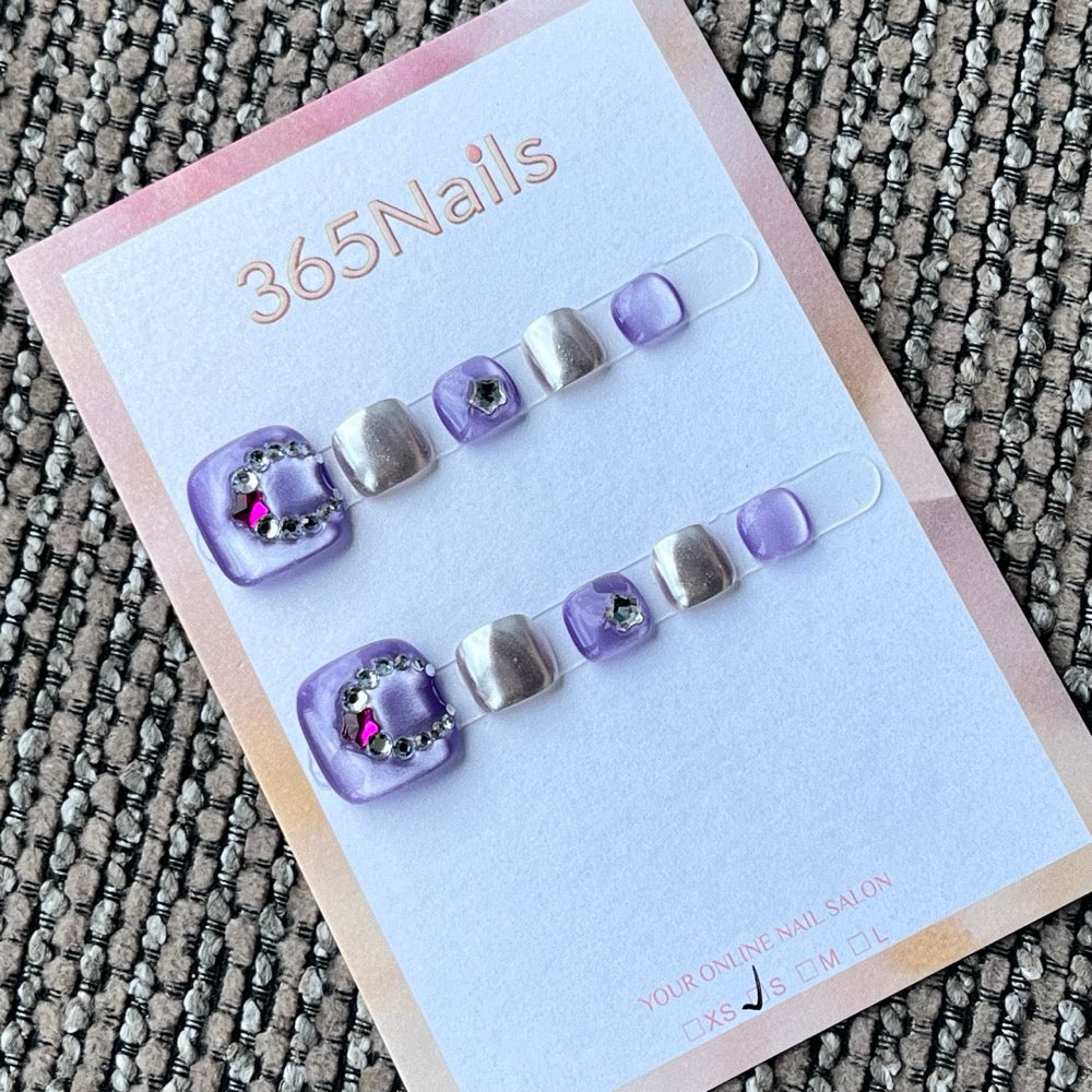 Purple Mirror Heart Rhinestone Press-On Toenails
