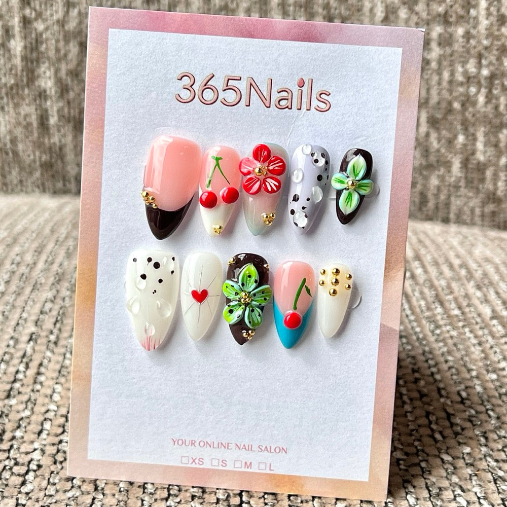 365nails: "Retro Cherry Bloom" – 3D Floral & Fruit Handmade Medium Almond Press On Nails