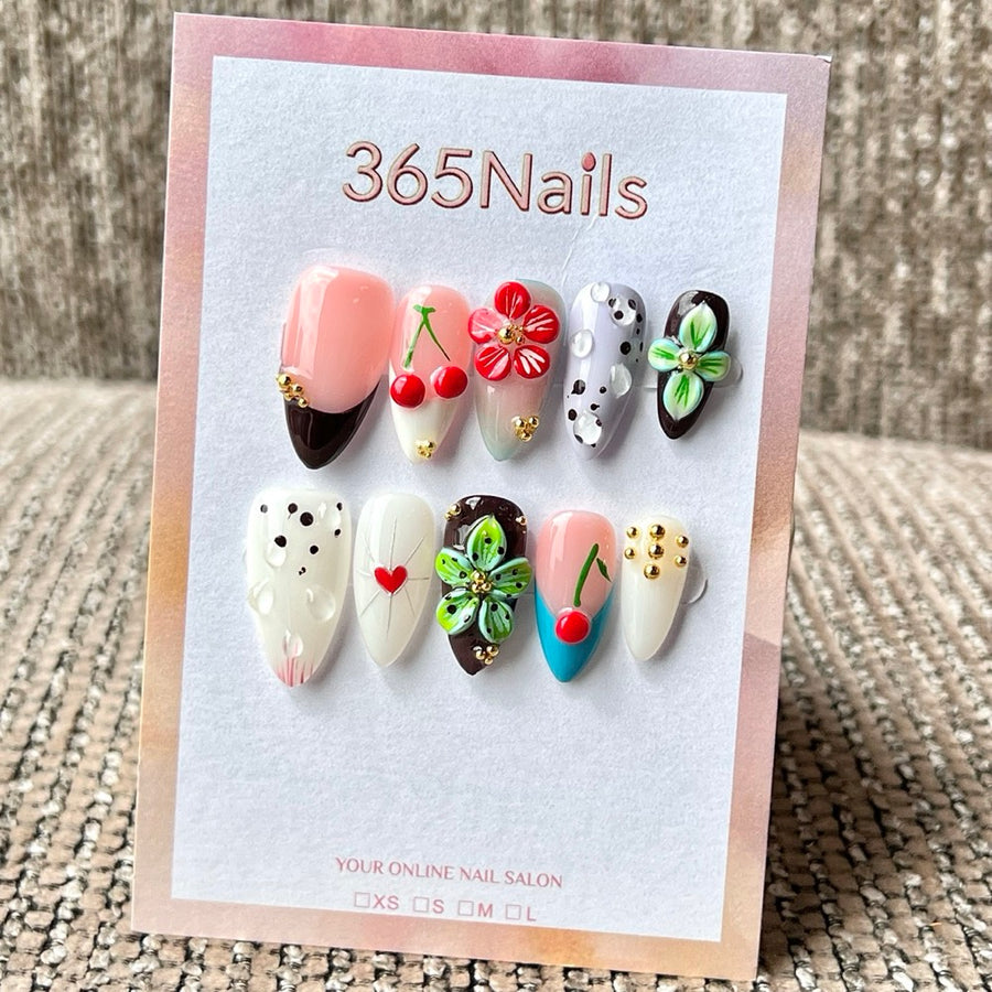 365nails: "Retro Cherry Bloom" – 3D Floral & Fruit Handmade Medium Almond Press On Nails