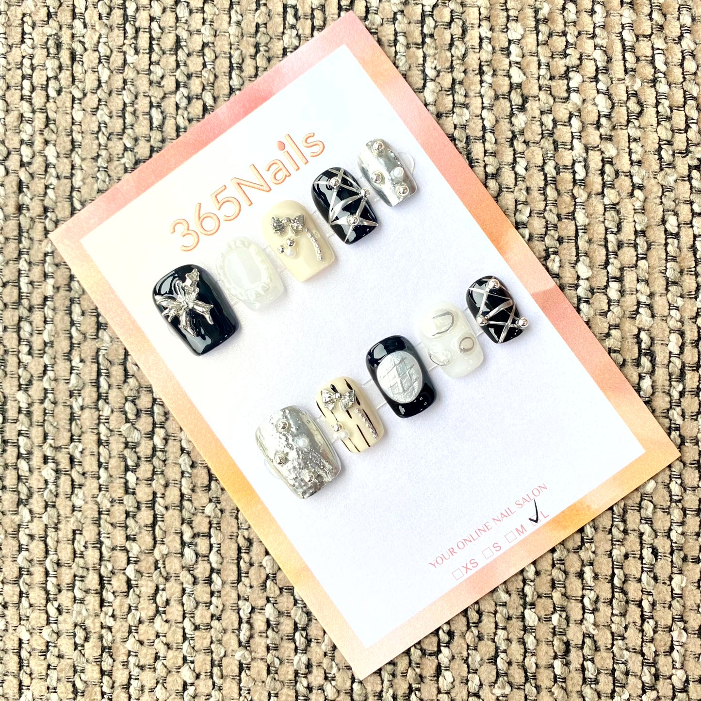 365nails: "Cyber Silver Ribbon" – 3D Chrome Bow & Edgy Crossline Handmade Squoval Nails