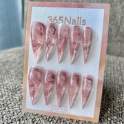 玫瑰大理石龍爪尖形穿戴甲｜粉白漩渦｜365Nails 頂級手工製 龍爪系列