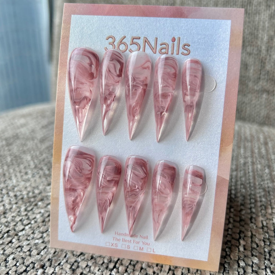 Unhas Postiças Rosa Mármore Garra de Dragão Stiletto｜Redemoinho Rosa e Branco｜Série Dragão Premium Feita à Mão 365Nails