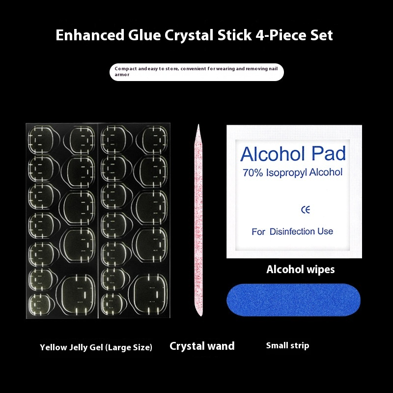 Press on nails accessories package: glue, rubbing strips, crystal rods, cleaning cotton, jelly glue