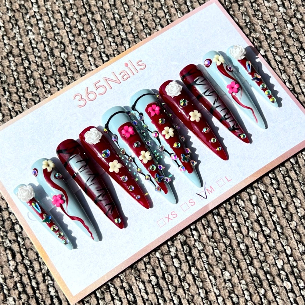 365nails: 「盛開藤蔓」 – 手工製 3D 花朵與漩渦 長款 尖形 穿戴甲