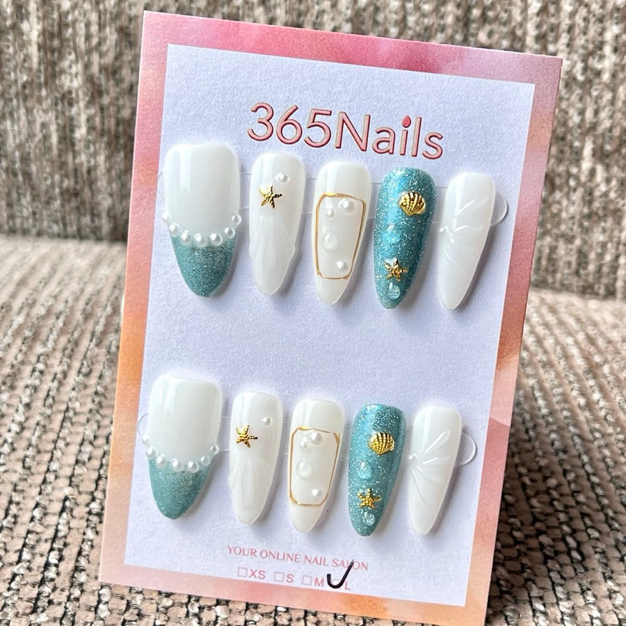 365nails: "오션 블루 화이트 불가사리 조개 믹스" – 수제 미디엄 스틸레토형 프레스온 네일