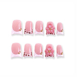 Pink Leopard French Press-On Nails with 3D Flower Accents