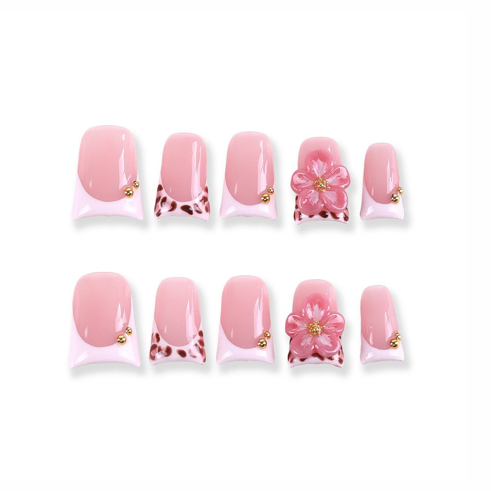 Pink Leopard French Press-On Nails with 3D Flower Accents