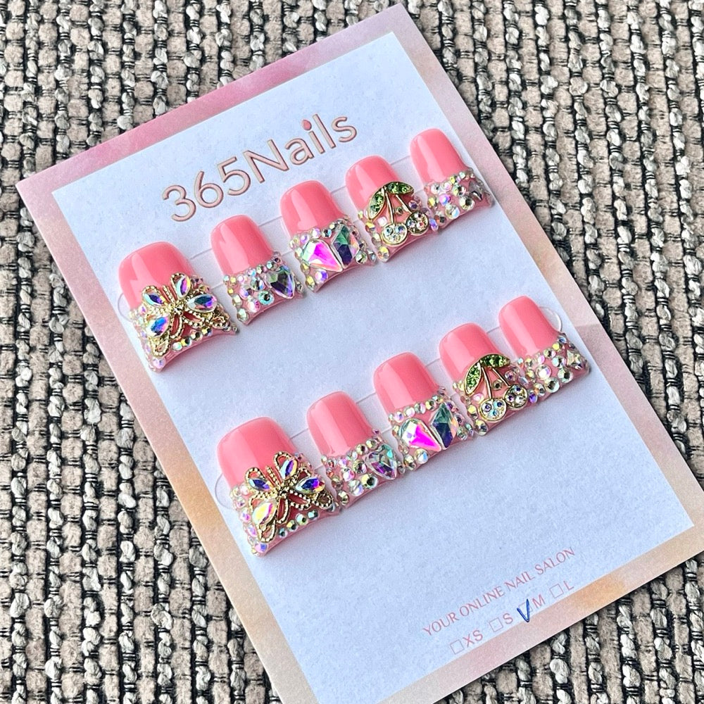 365nails: "Pink Cherry Butterfly Rhinestone French" – Luxury Crystal Handmade Medium Square Nails