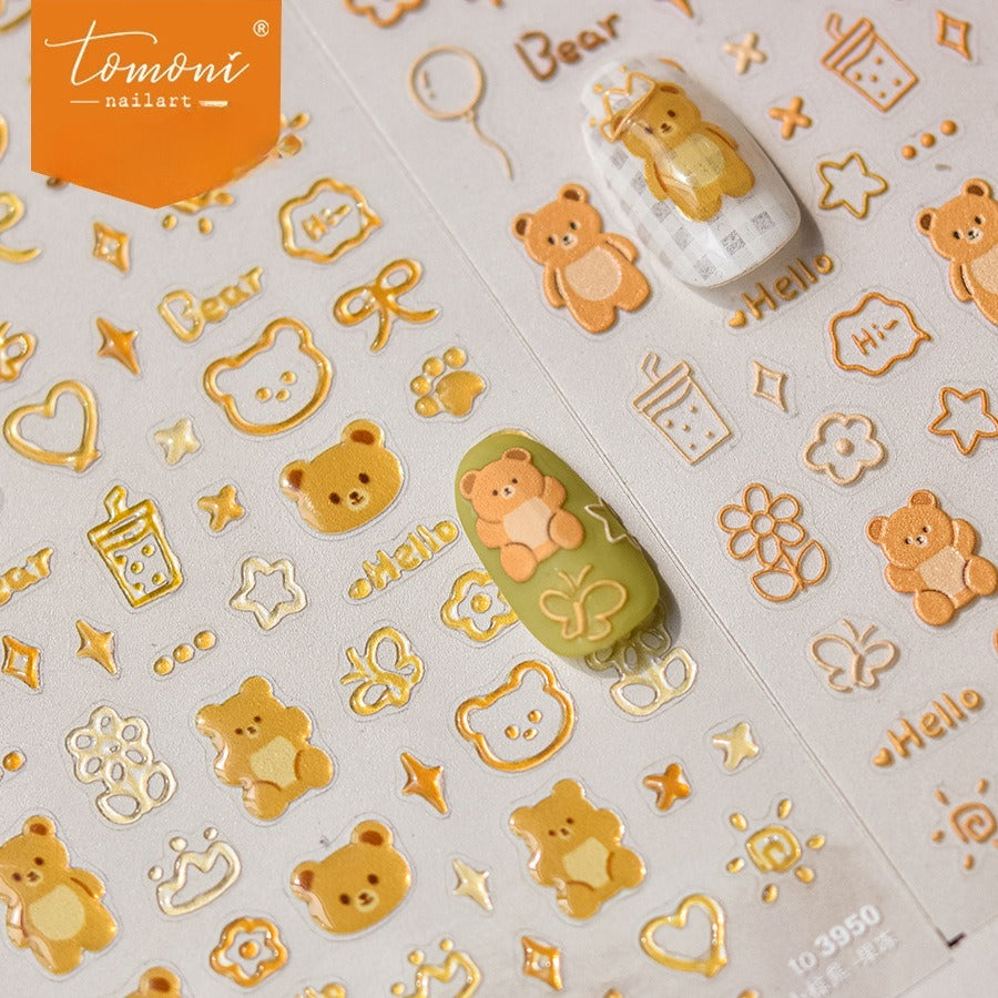 Golden Teddy Bear Nail Stickers – 5D Embossed Cute Retro Set