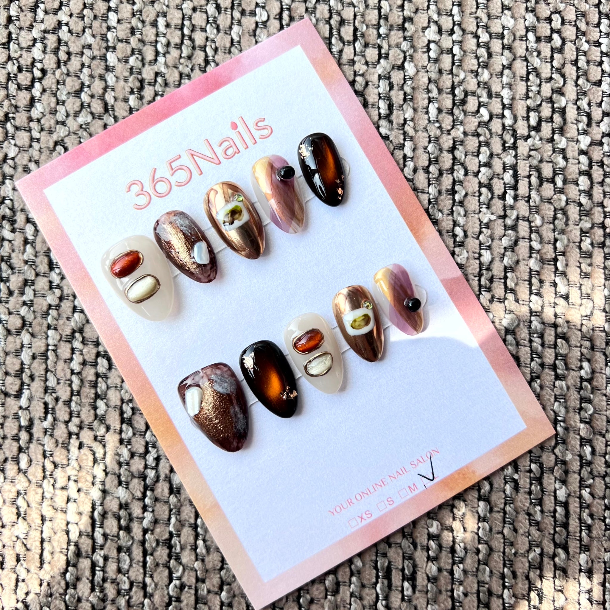 365nails: "Amber Aurelia" – Marbled Amber & Gold Leaf Handmade Almond Nails