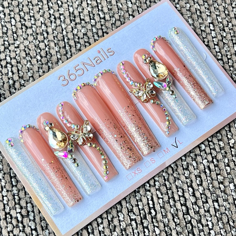 365nails: "Golden Hour" – 3D Butterfly Crystal Handmade Press on Nails Long Coffin Nails