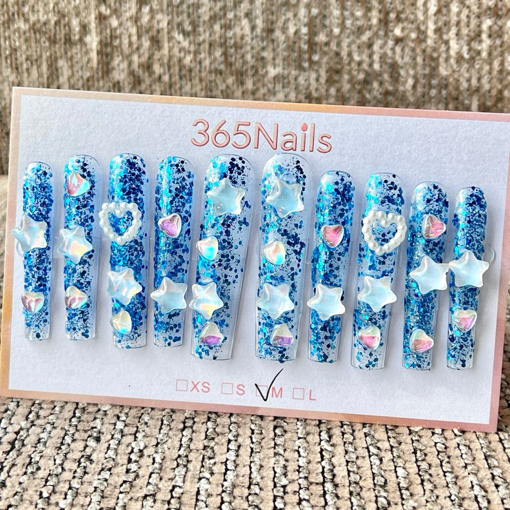 365nails: "Blue Glitter Star Heart" – Handmade Long Trapezoid Press-On Nails