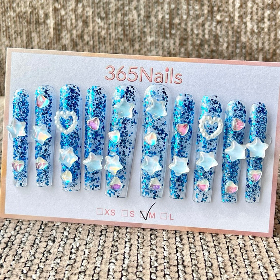 365nails 블루 글리터 별·하트 수제 롱 사다리꼴형 프레스온 네일