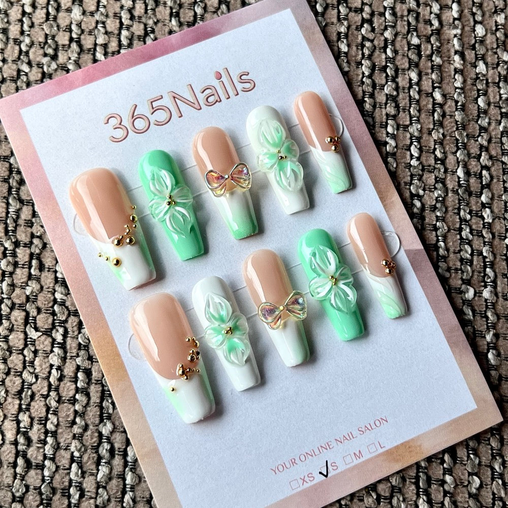 Sage Garden - Green White 3D Floral Press-On Nails