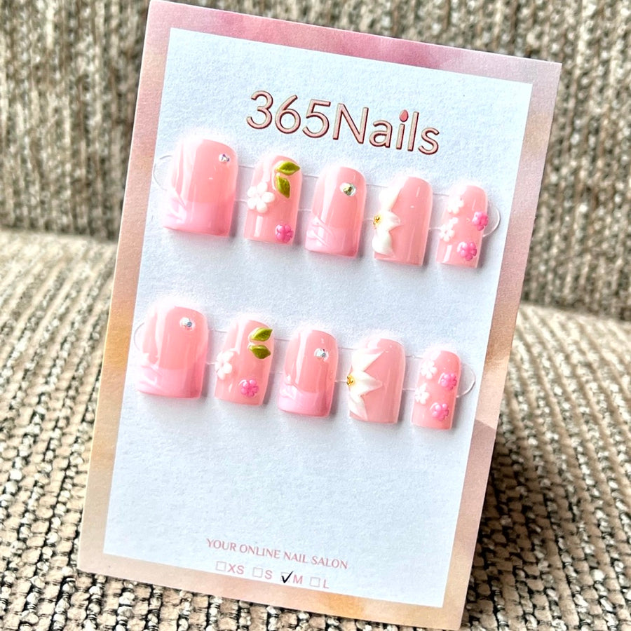 "Pink Floral French" - Wholesale Ultra-Soft Flexible Fit Handmade Nails (MOQ=100)