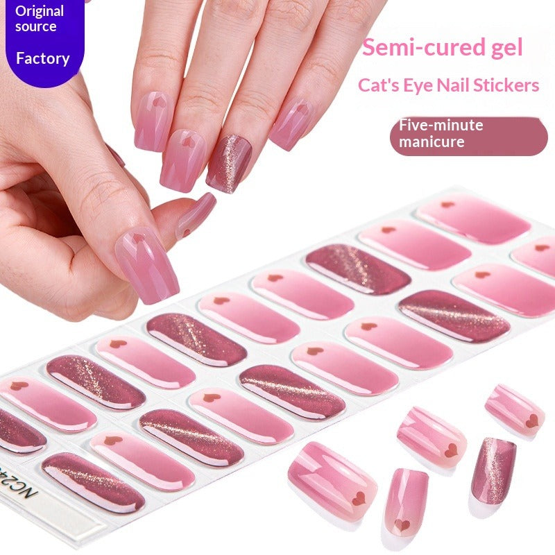 Semi-Cured Gel Nail Strips Sparkle Diagonal Cat Eye Glossy Design (MOQ=3)