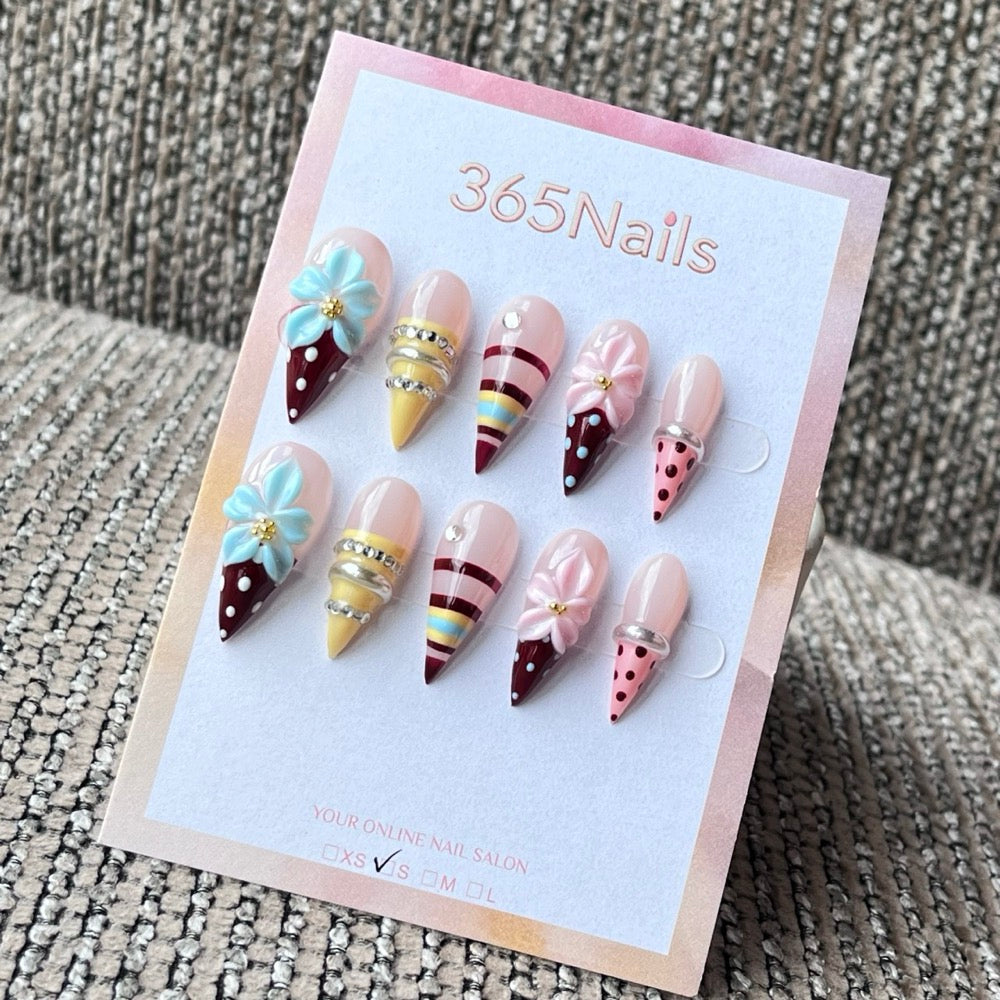 Nude Pink 3D Floral & Polka Dot Press-On Nails