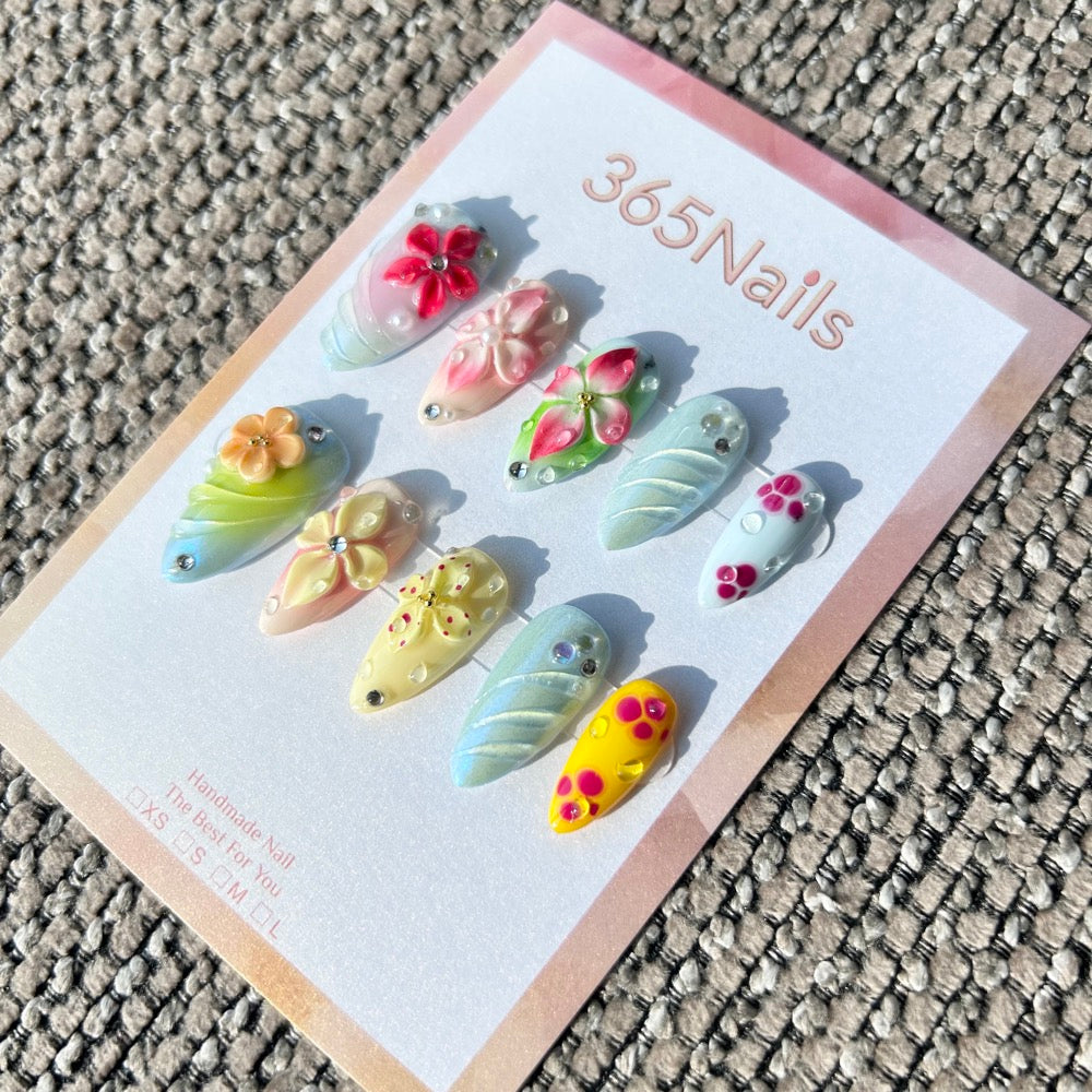 Handmade "Pastel Paradise" 3D Floral Press-on Nails | Mermaid Chrome & Textured Swirls | Almond | 10pcs Set