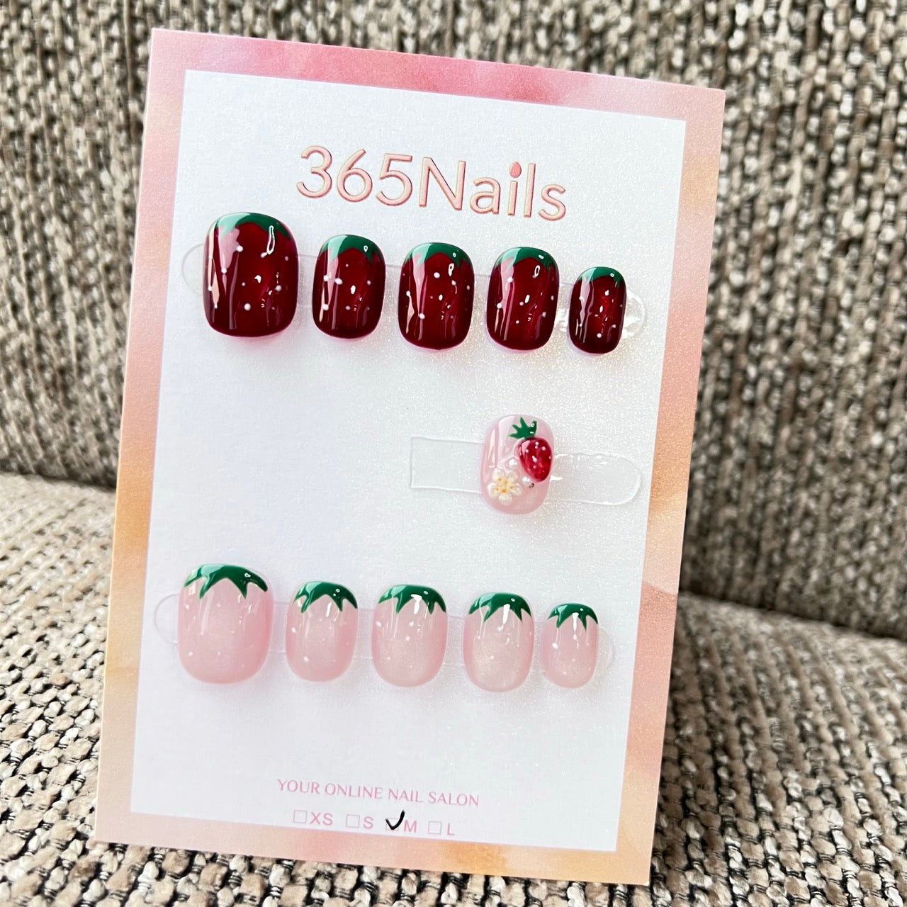 365Nails: "Strawberry Dots Red" – handmade press-on nails (Candy Series/Sweet Girly Style)