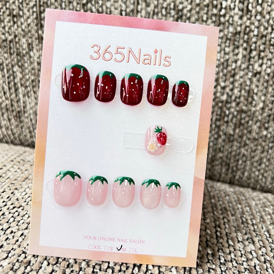 365Nails: "Strawberry Dots Red" – handmade press-on nails (Candy Series/Sweet Girly Style)