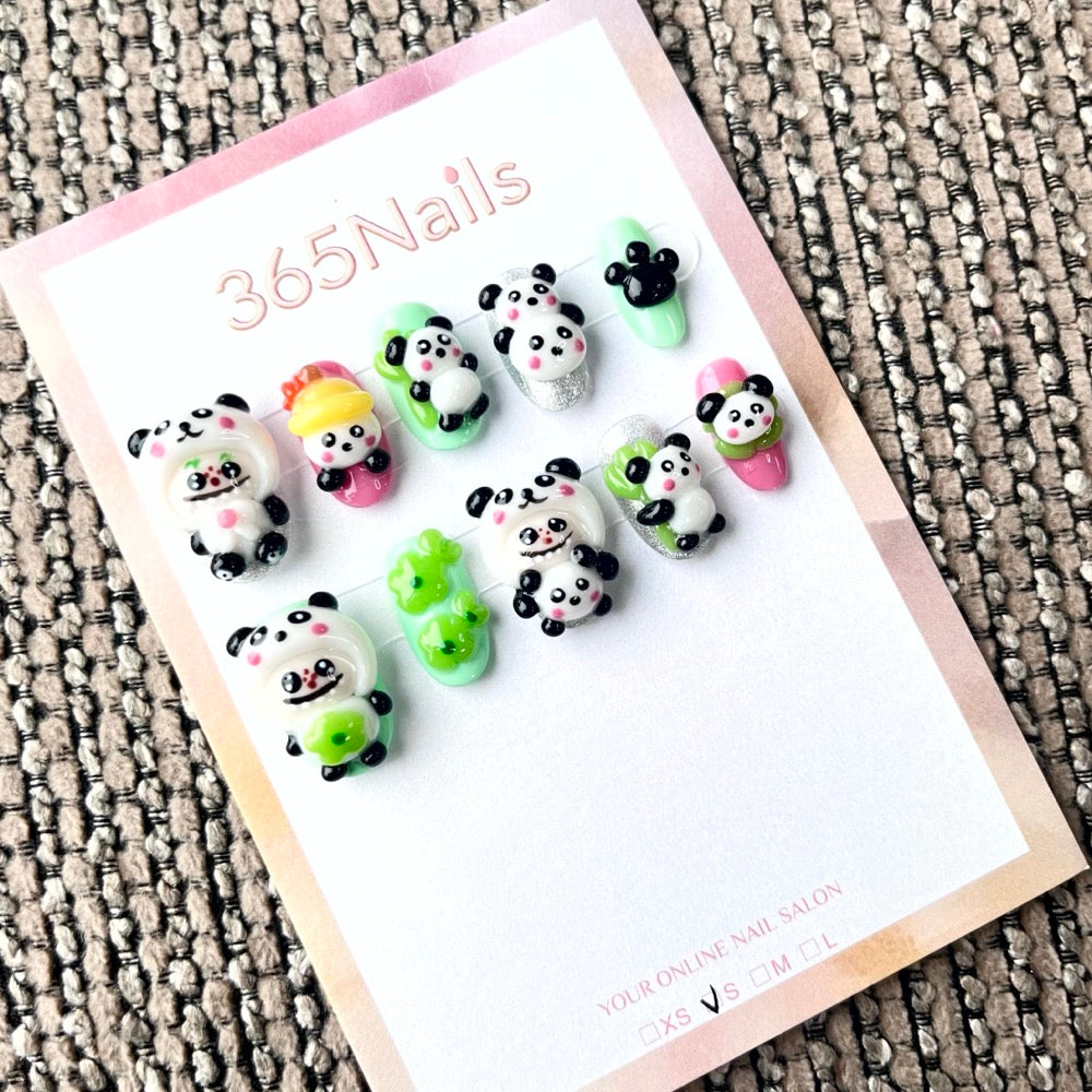 365nails: "Bamboo Bear Bliss" – 3D Panda Character Handmade Short Square Nails
