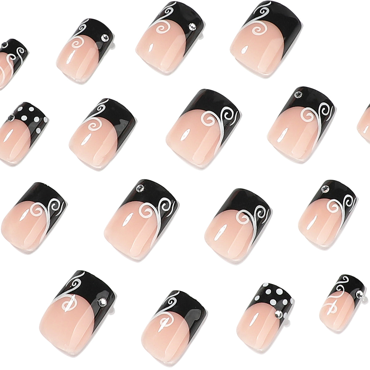 Close-up of black french tip square press-on nails with white swirls and small rhinestones