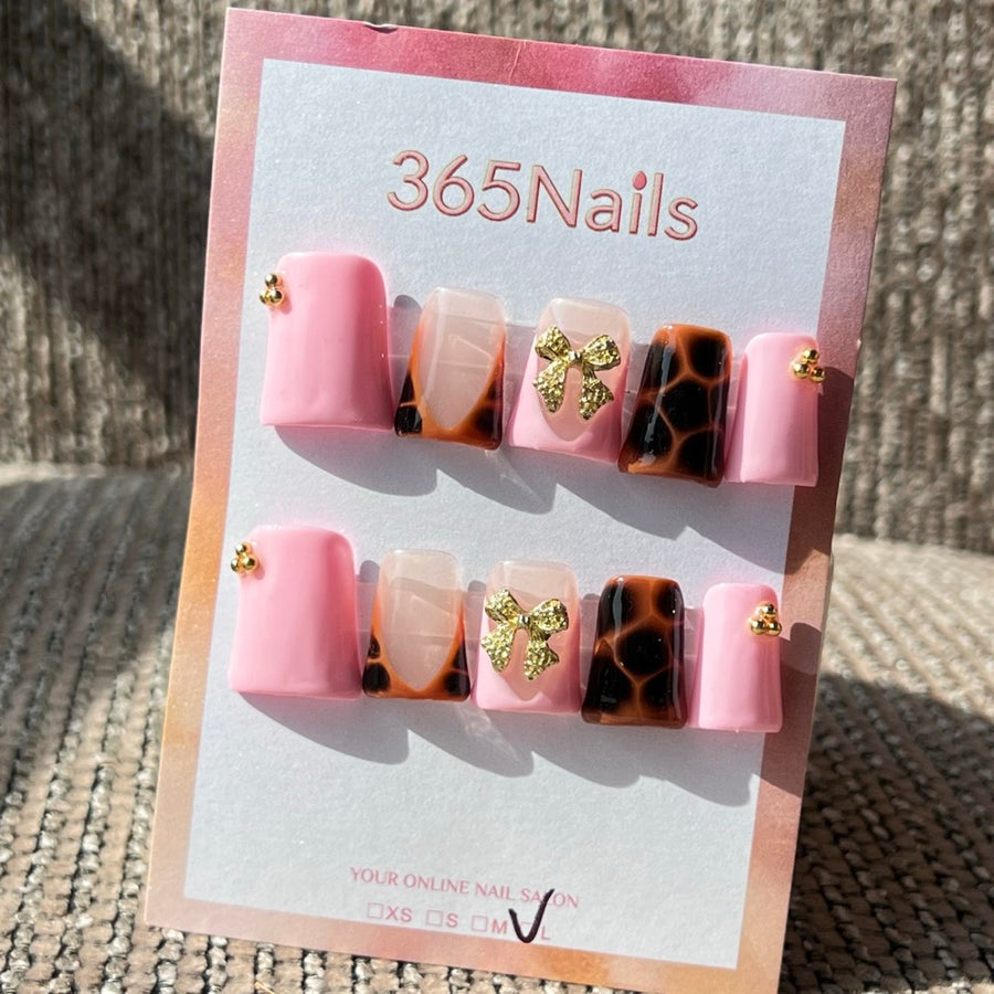 365nails: "Leopard Luxe" – 3D Bow & Tortoiseshell Handmade Press on Nails Short Square Nails