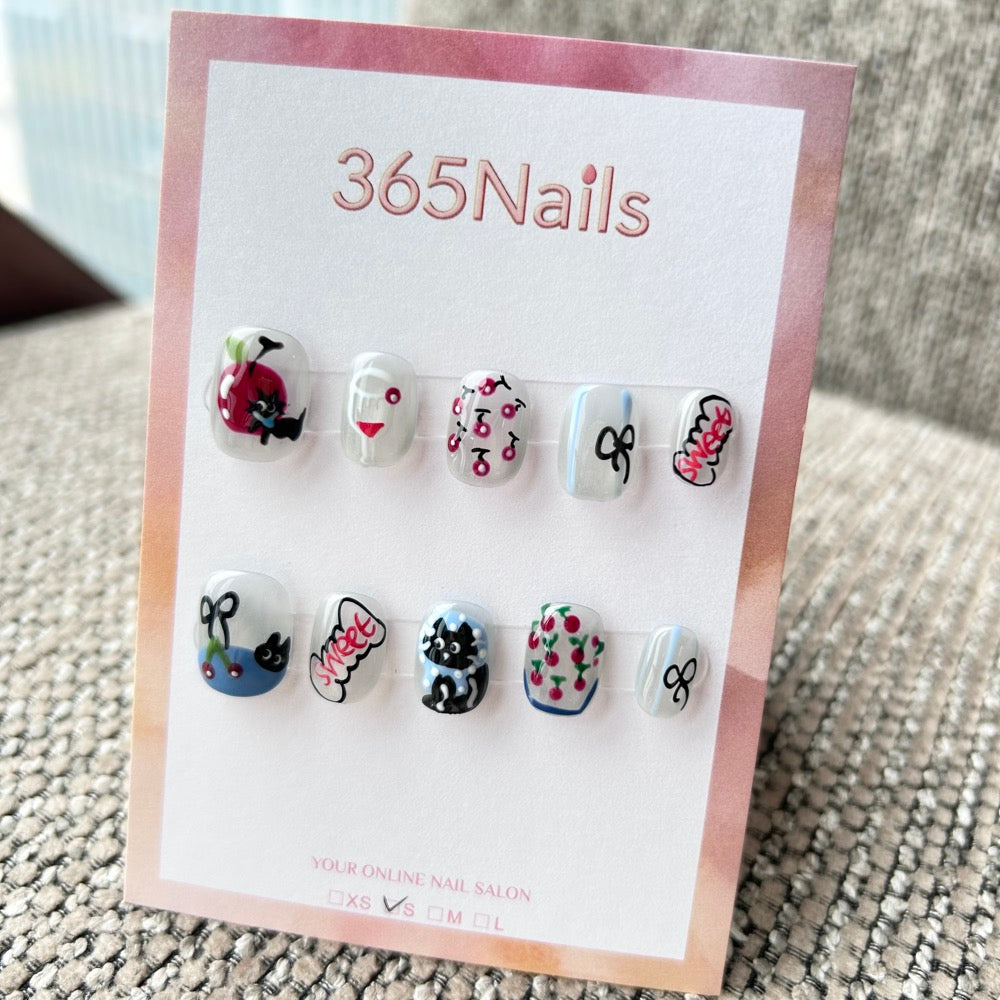 Cartoon & Dopamine: "Sweet Cherry Kitty" – 3D Black Cat in Blue Hood, Hand-Painted Cherries, Bows & Graffiti Short Nails