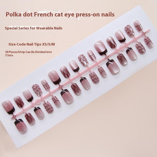 Nail Tips  Prefabricated Nail Polka Dot Lace Silver Bean Checked Red Brown French Cat Eye  ins Pneumatic Diamond Nail Art 30 Pieces｜365nails
