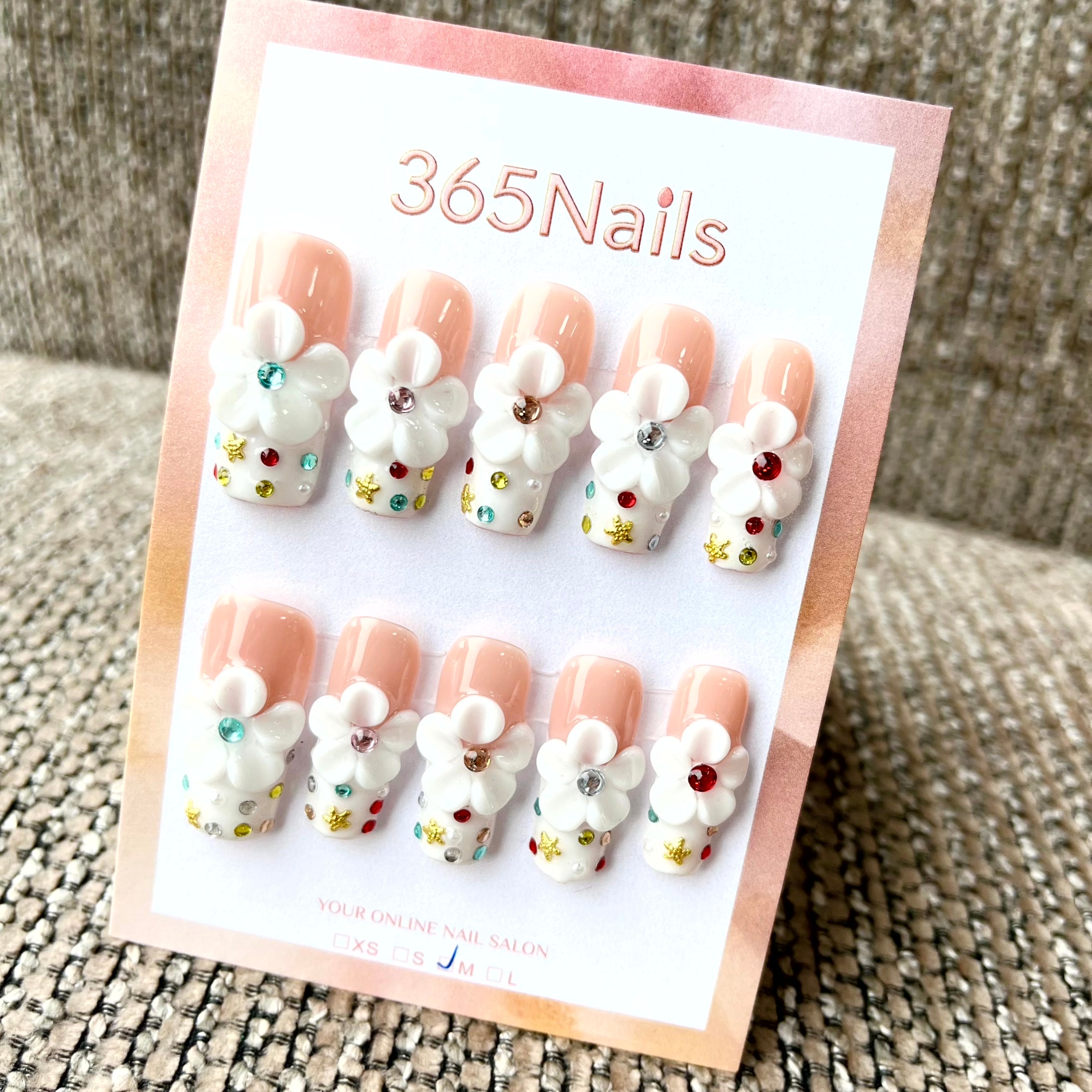 Sweet Bloom: "White Flower Rainbow" – Long Coffin Press-on Nails