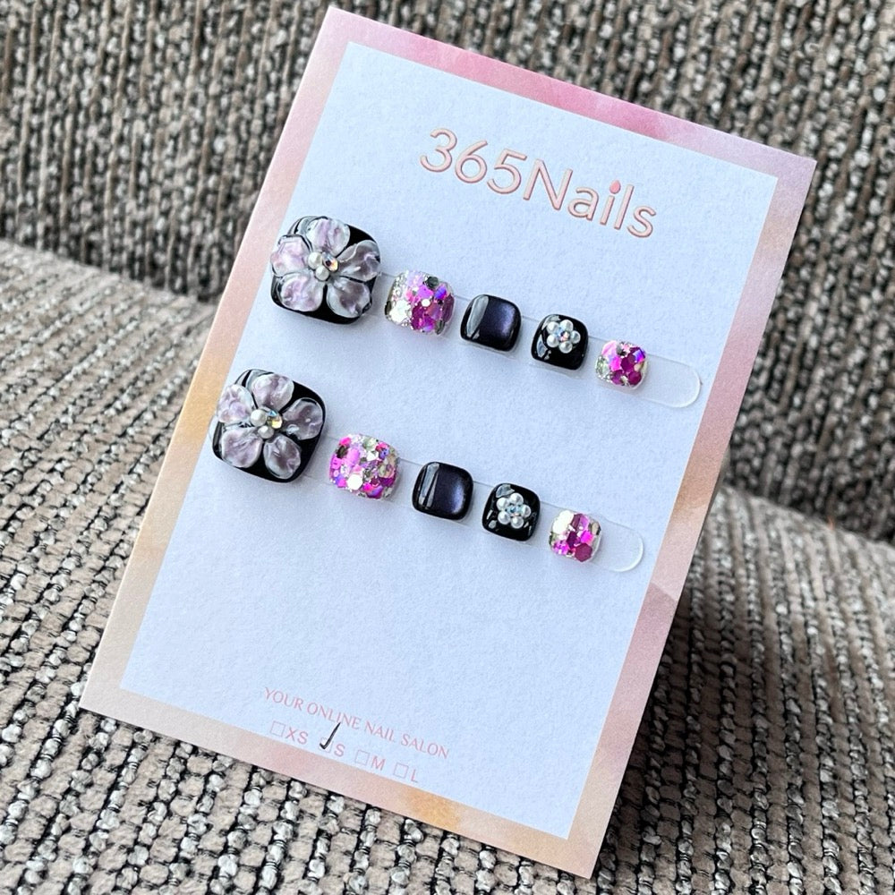 Midnight Purple 3D Floral Glitter Press-On Toenails
