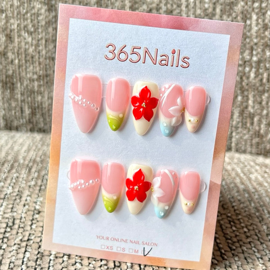 365nails 블러시 핑크 레드 릴리 펄 3D 플라워 수제 미디엄 스틸레토형 프레스온 네일