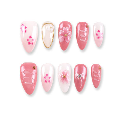 365Nails Sakura Peach Pink with 3D Petals, Ribbon Lines and Gold-Edged Accents – Sweet Medium Almond Press-On Nails