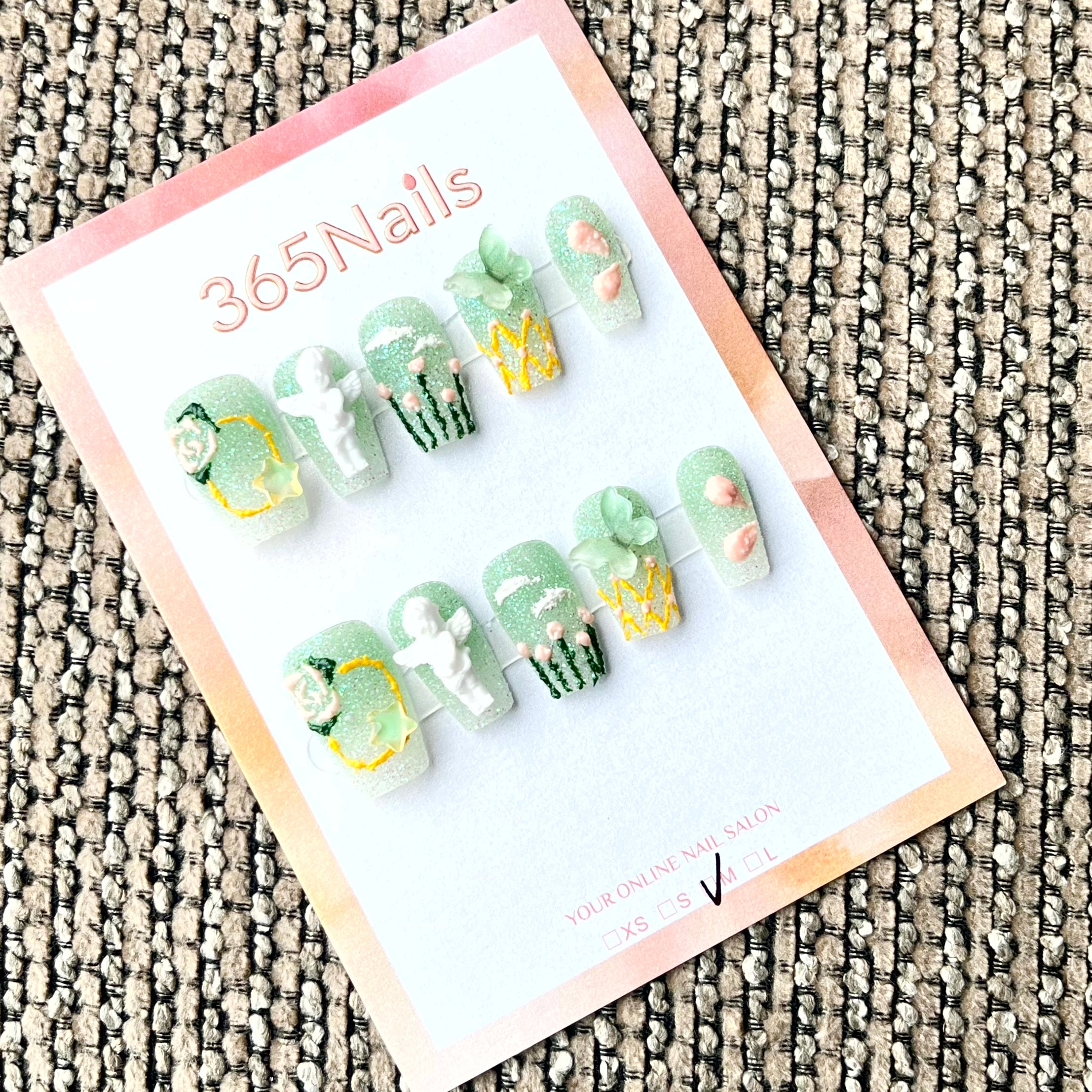 365nails: 천상의 정원 – 3D 꽃장식 수제 스퀘어형 프레스온 네일