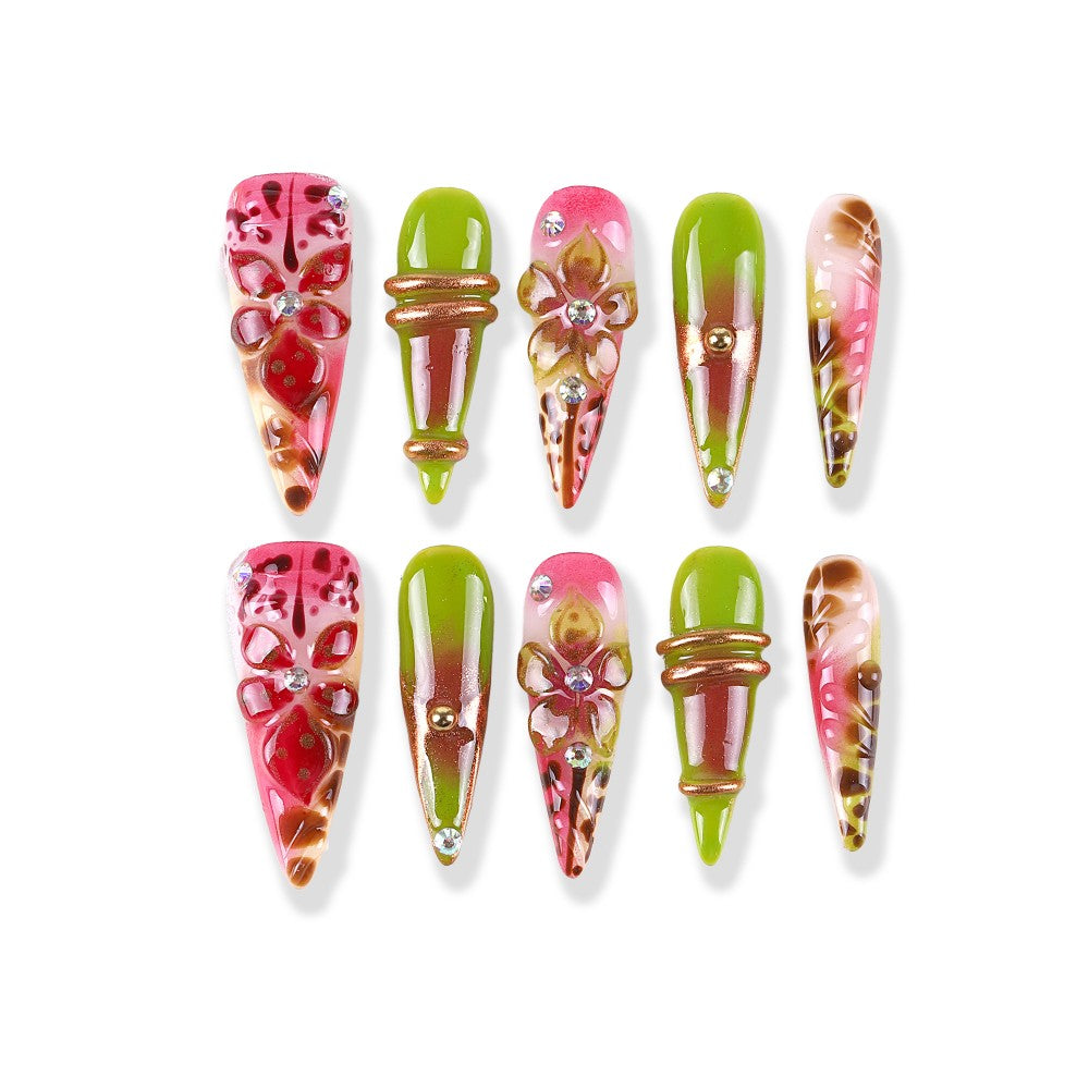 Fluorescent Lime x Berry Metallic Gradient 3D Flower Rhinestones press on nail