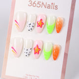 365Nails Tropical Smoothie Press-On Nails Neon French with Hand-Painted Leopard and Star Flower