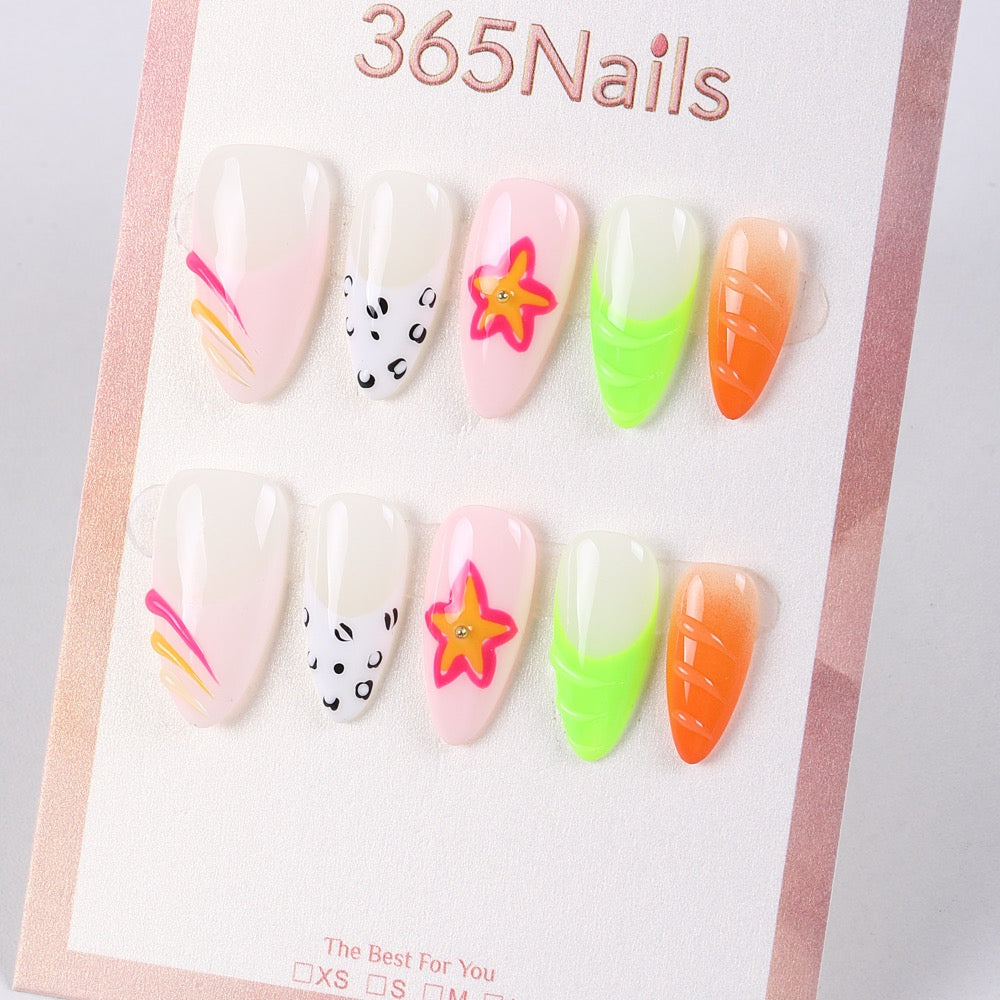365Nails Tropical Smoothie Press-On Nails Neon French with Hand-Painted Leopard and Star Flower