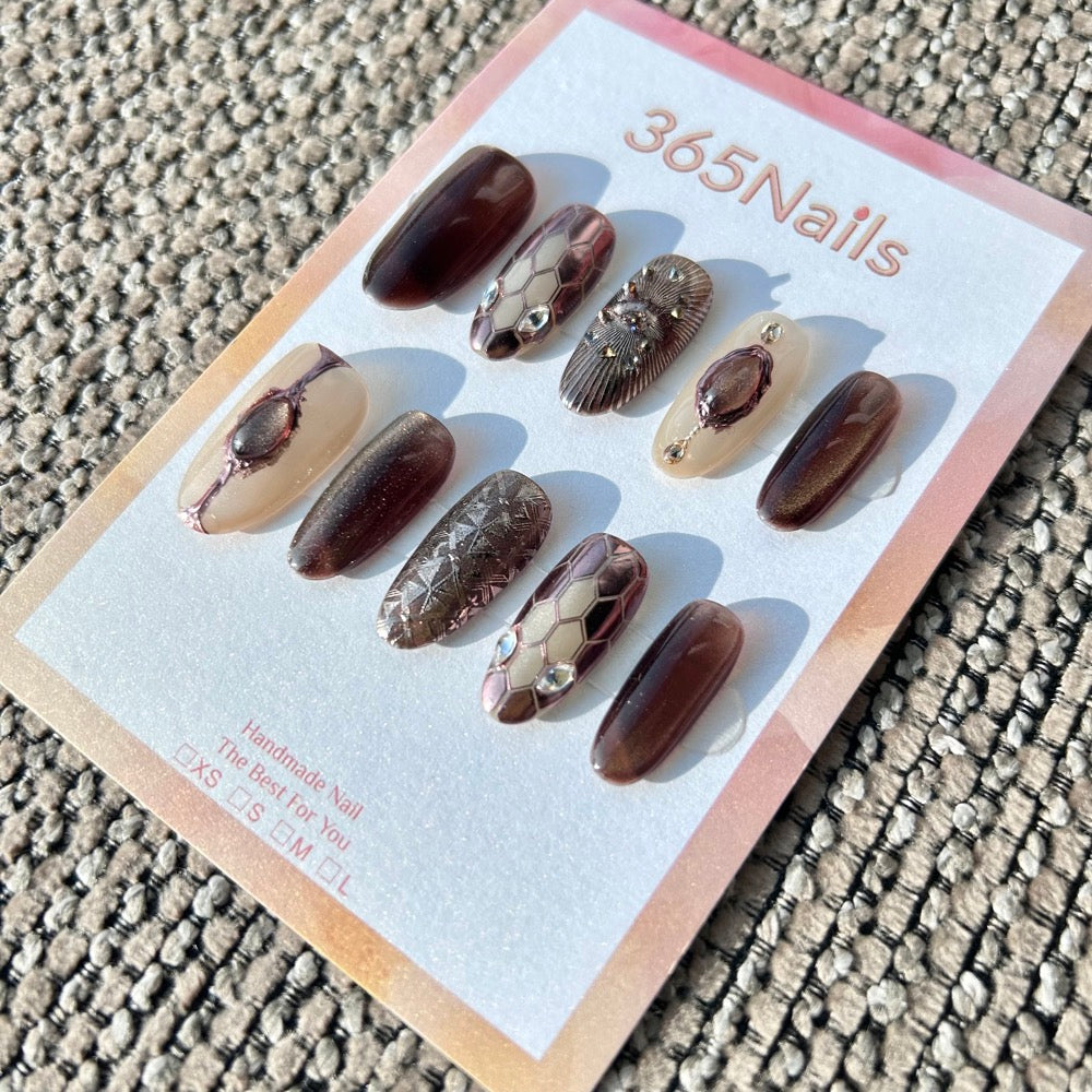 Luxury Logo The Gilded Serpent: "Bronze Wasteland" – Metallic Rose Gold & Brown Steampunk Handmade Press-On Nails with Vintage Gem