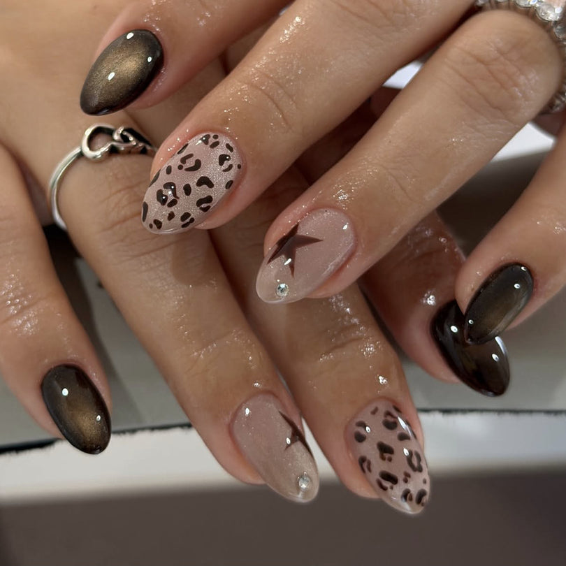 French Animal Print Glossy Brown Almond Short Press On Nails – Design 37