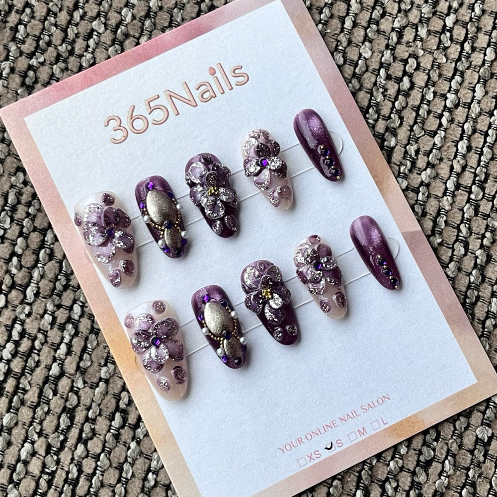 Purple Floral Rhinestone Press-On Nails
