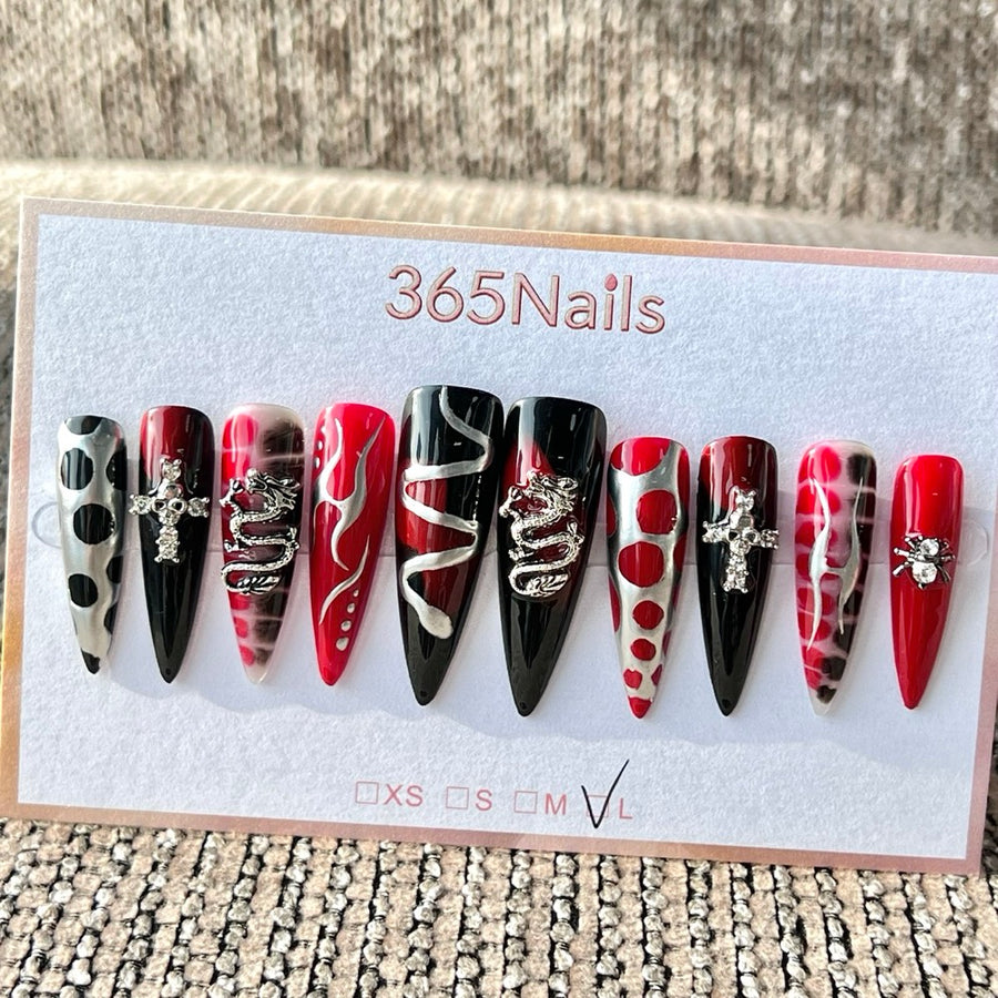 365nails 레드·블랙 드래곤 크로스 수제 롱 스틸레토형 프레스온 네일